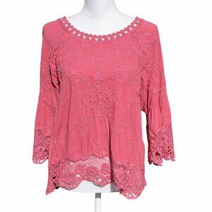 Democracy Mauve Boho Lace Crochet Embroidered CottageCore Peasant Top Size Large